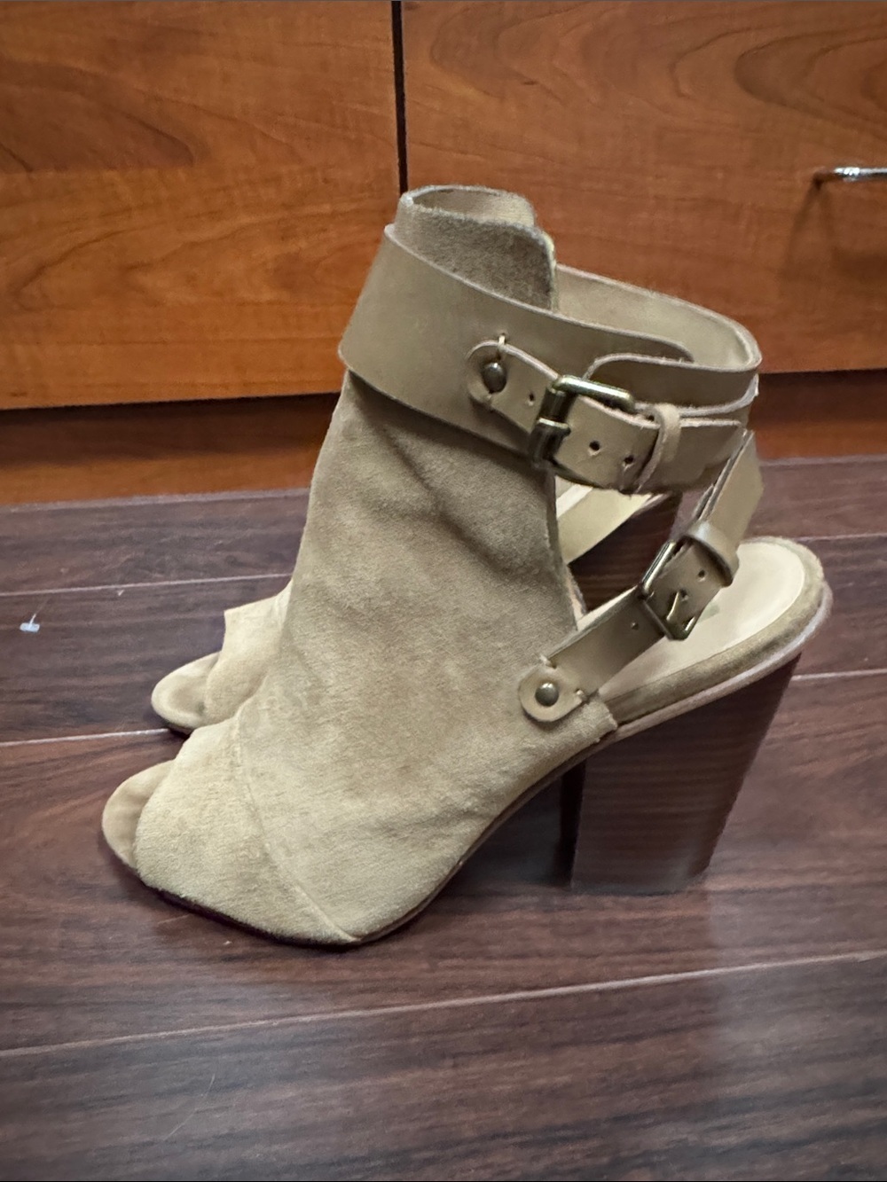 JOE’s Jeans Tan Suede Peep-Toe Block Heel Booties